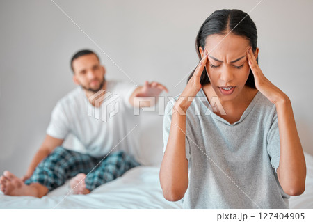 Couple, fight and stress in bedroom with man and woman arguing about cheating affair. Argument, conflict and divorce with a husband and wife frustrated with relationship problem in the bedroom Couple, fight and stress in bedroom with man and woman arguing about cheating affair. Argument, conflict and divorce with a husband and wife frustrated with relationship problem in the bedroom 127404905