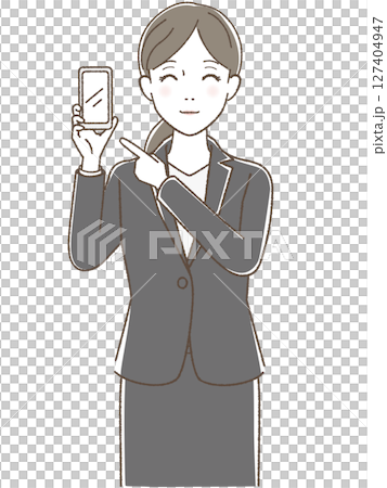 スマホを指さすスーツの女性 127404947