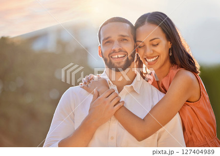 Love, sunshine and portrait of couple in park enjoying summer holiday, vacation and weekend. Bonding, affection and happy young man and woman hugging, embrace and smiling together on romantic date Love, sunshine and portrait of couple in park enjoying summer holiday, vacation and weekend. Bonding, affection and happy young man and woman hugging, embrace and smiling together on romantic date 127404989