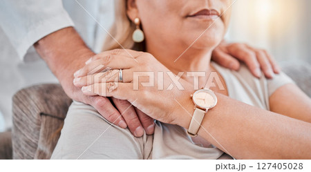 Mature couple, holding hands and support in depression, mental health and anxiety psychology therapy in marriage counseling. Zoom, middle aged man and woman in house, home living room or counselling 127405028