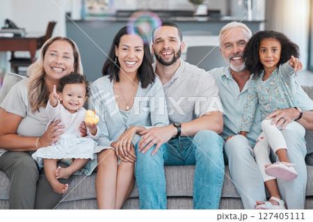 Big family, happy and relax portrait and happy smile, sitting on couch in home with love, care and support in lounge. Mother, father and grandparents with girl kids bonding, happiness and together Big family, happy and relax portrait and happy smile, sitting on couch in home with love, care and support in lounge. Mother, father and grandparents with girl kids bonding, happiness and together 127405111