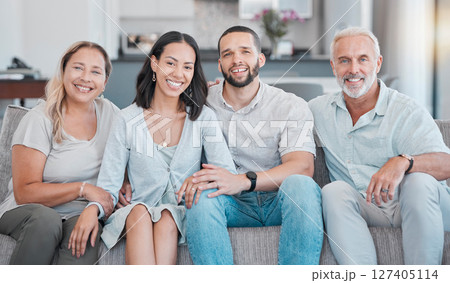 Diverse, family and portrait in family home for bonding with love, care and affection. Relax, rest and interracial group of people bond on sofa in loving, caring relationship with happiness Diverse, family and portrait in family home for bonding with love, care and affection. Relax, rest and interracial group of people bond on sofa in loving, caring relationship with happiness 127405114