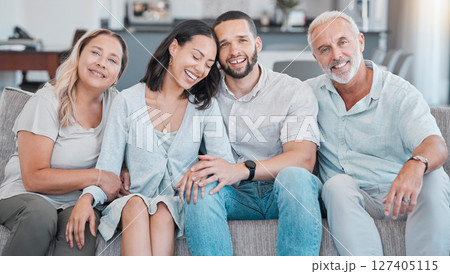 Big family, love and happy on sofa in home, bonding and enjoying quality time together. Family care, happiness portrait and grandma, grandpa and man and woman on couch in living room relax in house Big family, love and happy on sofa in home, bonding and enjoying quality time together. Family care, happiness portrait and grandma, grandpa and man and woman on couch in living room relax in house 127405115