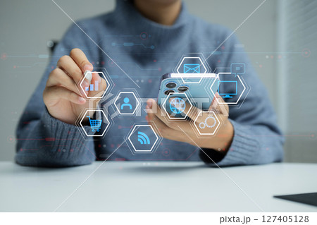 Digital transformation technology strategy, Person using laptop, tablet and smartphone with of things. transformation of ideas and the adoption. 127405128