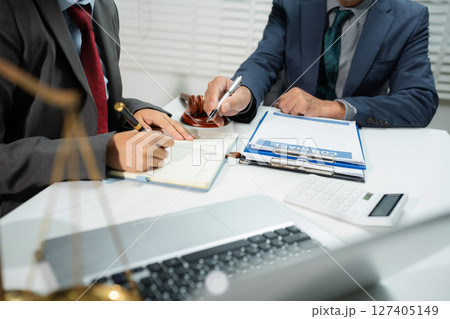 Businessman and Male lawyer or judge consult having team meeting with client, Law and Legal services concept in office. 127405149