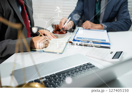 Businessman and Male lawyer or judge consult having team meeting with client, Law and Legal services concept in office. 127405150