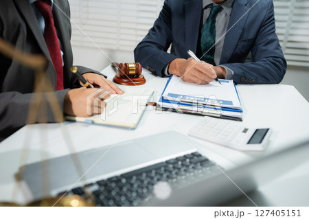 Businessman and Male lawyer or judge consult having team meeting with client, Law and Legal services concept in office. 127405151