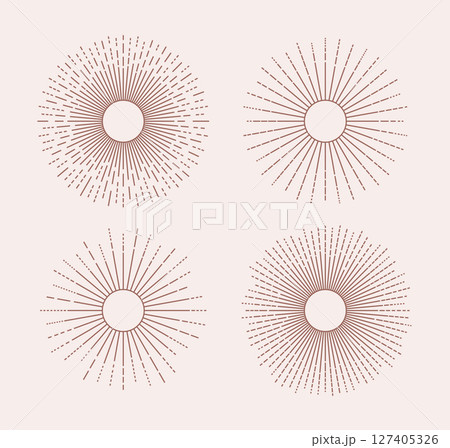 Line sunburst, sunshine, explosion set. Vintage bohemian sunburst, starburst collection. Minimalist sun beam, rays icons. 127405326