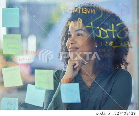 Black woman, business and brainstorming, board and postit notes with ideas for project, planning and strategy for marketing or investment firm. Thinking, professional and vision, innovation and plan Black woman, business and brainstorming, board and postit notes with ideas for project, planning and strategy for marketing or investment firm. Thinking, professional and vision, innovation and plan 127405428