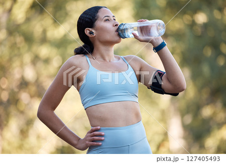 Woman, fitness and drinking water for wellness, health and hydration outdoor in park with bottle. Runner, rest and water in nature for exercise, running or workout in summer sunshine in Los Angeles Woman, fitness and drinking water for wellness, health and hydration outdoor in park with bottle. Runner, rest and water in nature for exercise, running or workout in summer sunshine in Los Angeles 127405493