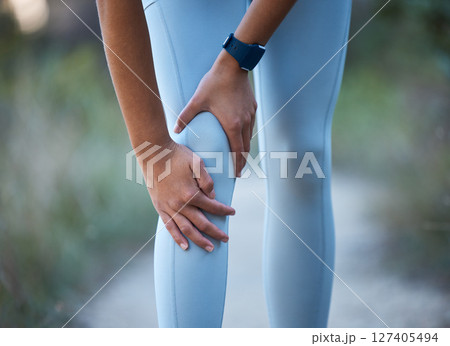 Knee pain, injury and sports accident of a woman hiking, running or doing exercise in nature. Medical emergency, muscle sprain and injured leg of an athlete outdoor trekking for a workout or training Knee pain, injury and sports accident of a woman hiking, running or doing exercise in nature. Medical emergency, muscle sprain and injured leg of an athlete outdoor trekking for a workout or training 127405494