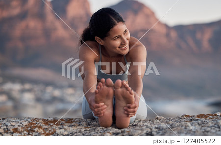 Fitness, yoga and stretching with a woman on the beach for wellness, mental health or exercise in nature. Environment, peace and thinking with a female athlete doing a warm up for zen training Fitness, yoga and stretching with a woman on the beach for wellness, mental health or exercise in nature. Environment, peace and thinking with a female athlete doing a warm up for zen training 127405522