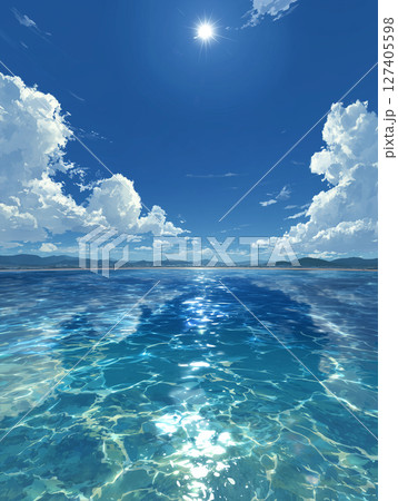 真夏の海と青空 ─ 透明な海面に陽光がきらめく絶景ビーチ背景の