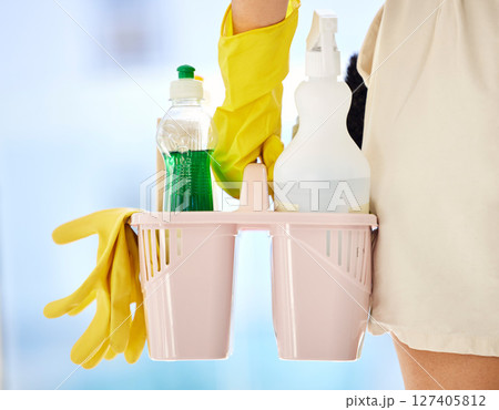 Cleaning, product and soap with hands of woman with bucket for bacteria, safety and chemical. Dust, spray and liquid with cleaner and container for disinfection, healthcare and germs protection 127405812