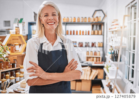 Senior woman, shop and portrait for small business entrepreneur in organic honey store with smile. Elderly, business owner and natural food, product and shopkeeper with happiness, success and vision 127405879