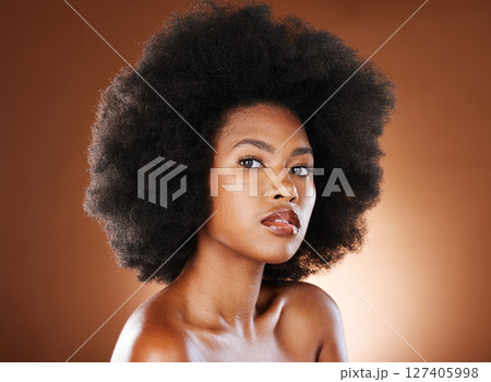Beauty, black woman with natural hair and skincare portrait, cosmetic advertising and wellness with studio background. Natural cosmetics, healthy skin and glow, makeup with hair care and afro mockup. 127405998