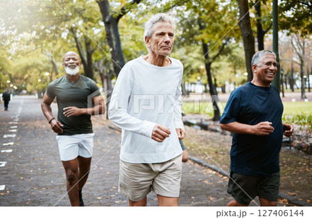 Run, group and senior men training, running and in street for health, wellness and fitness outdoor. Retirement, healthy males and friends running together, strong workout and exercise for cardio Run, group and senior men training, running and in street for health, wellness and fitness outdoor. Retirement, healthy males and friends running together, strong workout and exercise for cardio 127406144