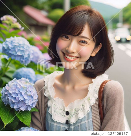 沿道に咲く紫陽花と乙女2 127406187
