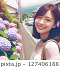 沿道に咲く紫陽花と乙女 127406188