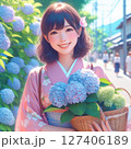 梅雨の晴れ間　紫陽花と乙女 127406189