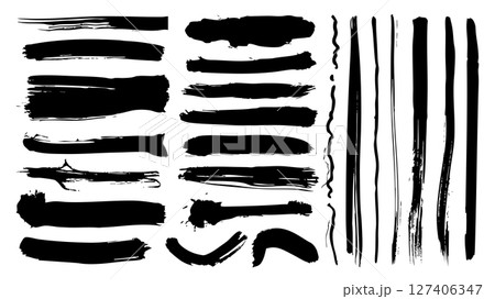 Black paint brush strokes set. Collection of paintbrush smears of dirty rectangle shape stains, scribble lines and stripes. Messy rough frames with dry ink splatters texture. Vector illustration. Black paint brush strokes set. Collection of paintbrush smears of dirty rectangle shape stains, scribble lines and stripes. Messy rough frames with dry ink splatters texture. Vector illustration. 127406347