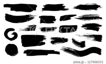 Black paint brush strokes set. Collection of paintbrush smears of round spots, round stains and rectangle shapes with ink splatters texture. Acrylic due blots and rough marks. Vector illustration. 127406351