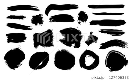Black paint brush strokes set. Collection of paintbrush smears of rectangle stamps and round shapes. Rough grainy spots with ink splatters. Dye grunge blots with smudge texture. Vector illustration. Black paint brush strokes set. Collection of paintbrush smears of rectangle stamps and round shapes. Rough grainy spots with ink splatters. Dye grunge blots with smudge texture. Vector illustration. 127406358