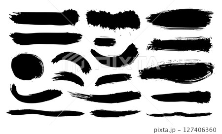 Black paint brush strokes set. Collection of paintbrush smears of rectangle, circle, curve, wave shapes and lines. Rough grainy spots with ink splatters. Stain grunge patterns. Vector illustration. 127406360