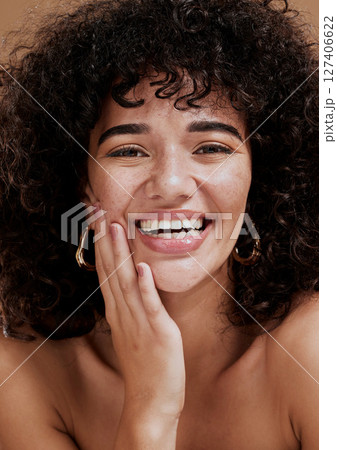 Woman, face skincare and hand for beauty or natural skin dermatology wellness. Facial model, luxury cosmetics makeup and hair care or clean woman face for morning routine and self care cosmetology 127406622