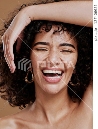 Black woman, skincare and beauty wellness of a model laughing from skin glow and health shine. Microblading, luxury facial and happy woman face smile about cosmetic dermatology and healthy hair 127406623