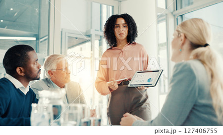 Group presentation, businesswoman and tablet screen with data, investment stats and planning. Meeting, analyst and brainstorming with technology for financial charts, proposal or discussion in office 127406755