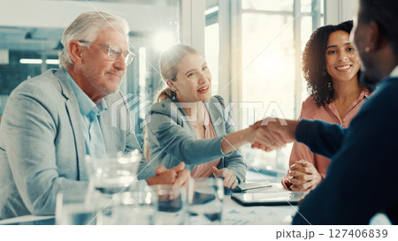 Shaking hands, applause and business people in office for meeting with finance deal or partnership. Agreement, clapping and financial advisors with handshake for congratulations on investment goal. Shaking hands, applause and business people in office for meeting with finance deal or partnership. Agreement, clapping and financial advisors with handshake for congratulations on investment goal. 127406839