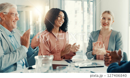 Applause, team and business people in office with good news, promotion or company achievement. Happy, clapping hands and financial advisors with manager for positive feedback discussion in workplace. Applause, team and business people in office with good news, promotion or company achievement. Happy, clapping hands and financial advisors with manager for positive feedback discussion in workplace. 127406840