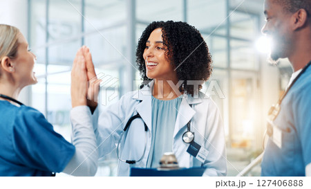 Doctor, woman and team with high five, smile and clipboard for results, breakthrough and celebration. People, medical staff and goals with support, cheers and motivation with checklist at hospital Doctor, woman and team with high five, smile and clipboard for results, breakthrough and celebration. People, medical staff and goals with support, cheers and motivation with checklist at hospital 127406888