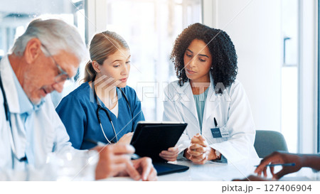 Tablet, meeting and team of doctors in hospital boardroom with medical report for treatment planning. Digital technology, research and group of healthcare workers with surgery schedule in clinic. 127406904