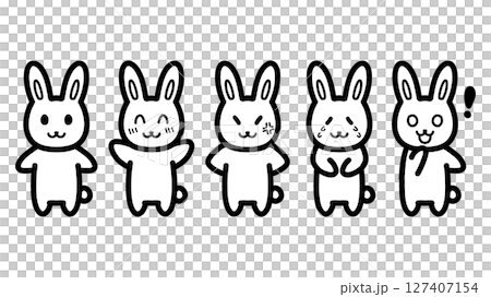 いろいろな表情のうさぎのキャラクターの手描きイラスト 127407154