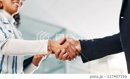 Shaking hands, deal and business people in office with contract, negotiation or partnership. Collaboration, low angle and financial manager with client for agreement, welcome or thank you handshake. 127407350