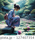 睡蓮の池と少女 127407354