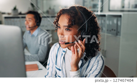 Microphone, computer and call center with business woman for virtual consultation, help desk and crm. Customer support, online advisor and contact us with person in office for communication and agent Microphone, computer and call center with business woman for virtual consultation, help desk and crm. Customer support, online advisor and contact us with person in office for communication and agent 127407404