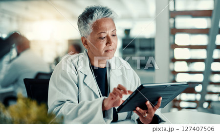 Science, lab and woman on tablet with plant sample for medical research, vaccine report and medicine. Healthcare, pharmaceutical and scientist on tech for study, medicinal analysis or digital results 127407506