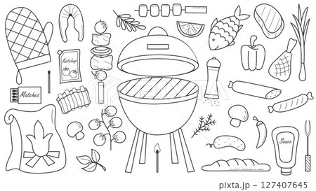 Set of Sunday summer picnic doodle sketch style 127407645
