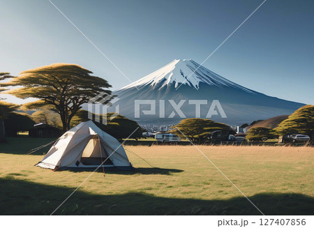 富士山が見える平原のキャンプ場のイラスト素材 [127407856] - PIXTA