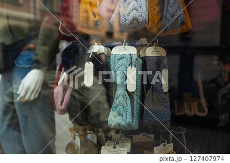 Colorful Winter Accessories Displayed in Krakow Shop Window Colorful Winter Accessories Displayed in Krakow Shop Window 127407974