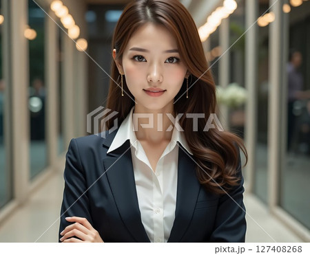サーバーセンターの通路に立つ管理者の女性社員 127408268