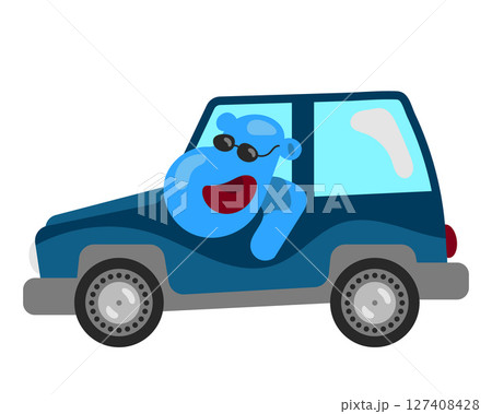 A cool blue hippo wearing sunglasses drives a stylish offroad vehicle, symbolizing wealth and adventure. With a cheerful expression and big wheels. A cool blue hippo wearing sunglasses drives a stylish offroad vehicle, symbolizing wealth and adventure. With a cheerful expression and big wheels. 127408428