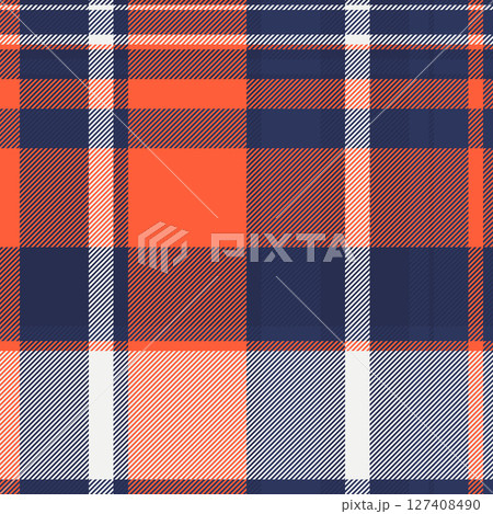 Vibrant orange, navy, and white plaid pattern. Perfect for textile design, fashion, home decor, or website backgrounds. This seamless texture offers a bold, classic style with a modern feel. Vibrant orange, navy, and white plaid pattern. Perfect for textile design, fashion, home decor, or website backgrounds. This seamless texture offers a bold, classic style with a modern feel. 127408490