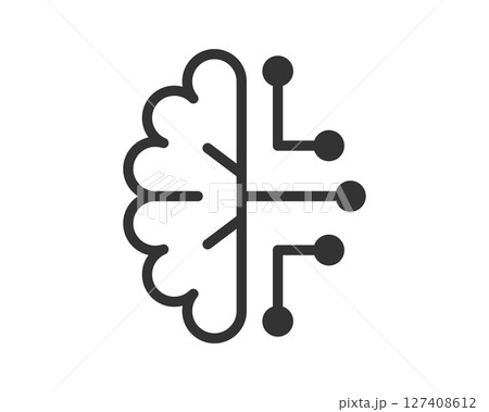 Minimalist icon of a brain merging with a circuit board. Symbolizes artificial intelligence, machine learning, and the future of technology. Use for presentations, websites, and reports. 127408612