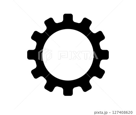 Simple, bold black gear icon on white. Symbolizes engineering, mechanics, process,  automation. Perfect for technology, business  design concepts. 127408620