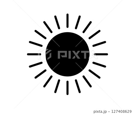 Simple sun icon, radiating light. Black silhouette against white. Perfect for weather, summer, energy concepts. Vector art for designs needing brightness. Simple sun icon, radiating light. Black silhouette against white. Perfect for weather, summer, energy concepts. Vector art for designs needing brightness. 127408629