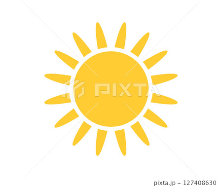 A bright, cheerful yellow sun icon with radiating rays on a clean white background. A symbol of warmth, happiness, and positive energy. A bright, cheerful yellow sun icon with radiating rays on a clean white background. A symbol of warmth, happiness, and positive energy. 127408630